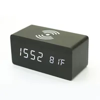 Andere Uhrenzubehör Holz digitaler LED -Wecker mit Qi drahtloser Ladegerät Tischtisch Temperatur Luminova -Kalender schwarzer Desktop