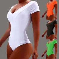 Jumpsuits 여성 섹시한 바디 콘 여름 패션 퓨어 컬러 반소매 깊은 V 넥 플러스 사이즈 Bodysuit 캐주얼 여성 Jumpsuit Y0606