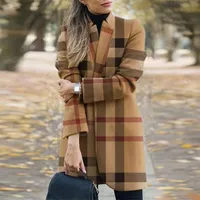Женская шерстяная смесь осенью одежда для женщин мода плед печать длинные куртки тонкий пальто пальто зимнее оружие