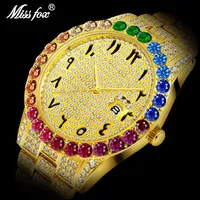 Horloges Drop 2021 Missfox Arabisch Horloge Regenboog Diamond Bezel 18K Gold Men Oyster Perpetual Waterproof Golden Hour