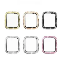 Double Row Diamond Watch Case For Apple Watch 38mm 40mm 41mm 42mm 44mm 45mm PC Integrated Tempered Glass Film Full Screen Protector Cover Iwatch Series 7 6 5 4 3