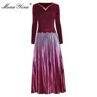 Dorywczo Dresses Moaayina Moda Designer Runway Sukienka Wiosna Kobiety V-Neck Długi Rękaw Elastyczność Slim Plised