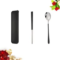 Porslin Set Portable Rostfritt Stål Set Spoon Chopsticks Kit med förvaringsväska Travel redskap för camping picknick (silver)