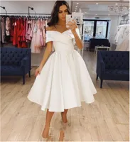 Kurze Hochzeitskleid Satin Knielange 2021 Falten Einfache Schulterfreier Brautkleid Für Frauen Bräute Elegant Billig Robe de Mariee Formale Kleider