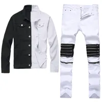 남성 슬림 맞는 트랙스 데님 재킷 바지 2pcs 세트 흑백 2 색 긴 소매 코트 + 찢어진 구멍 지퍼 장식 청바지