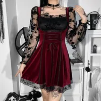 Casual Dresses Vintage Kawaii Lolita Velvet Lace Up Dress Y2K Fairy Grunge Patchwork Mesh Puff Sleeve Mini Kvinnor E-Girl Gothic Kläder