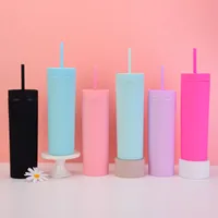 ABD Depo 16 oz Akrilik Çift Duvar Tumblers Karışık Renkler Sıska Tumbler Kahve Kupaları Plastik İçme Kupası Su Şişesi Kapak Saman Gıda Sınıfı BPA B3