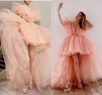 2022 Pretty Peach High Low Tulle Aftonklänningar Ruffles Fashion Long Tutu Prom Lyckor Sexig Deep V Neck Formal Occasion Party Dresses CG001