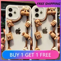 Cute 3D Bear Chocolate Cherry Biscuit Clear Phone Case For IPhone 13 12 11 Pro Max XR XS 6S 7 8 Plus Shockproof Bumper Soft Cove