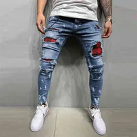 Men's Quilted Embroidered jeans Skinny Jeans Ripped Grid Stretch Denim Pants MAN Patchwork Jogging Trousers S-3XL 210723