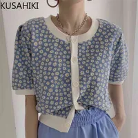 Kusahiki Floral Hit Color Patchwork Stickad Kvinnor Cardigan Puff Short Sleeve O-Neck Causal Sweater Coat Knitwear 6G500 210908