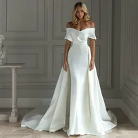 2021 Satin Beach Wedding Dresses With Detachable Skirt Ivory White Off Shoulder Bride Dress Vestido De Noiva