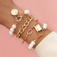 Kmvexo Punk Gothic Imitation Pearls Lock Female Knot Flower Bracelet Bracelets For Women 2020 Fashion Gold Coin Jewelry