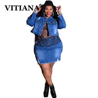 Vestes Femmes Vitiana Femmes Plus Taille 5XL Denim Casual Denim 2 Morceaux Spring 2021 Femme Jacket courte et mini Jupe Sexy Jeu de perles Bleu Perles