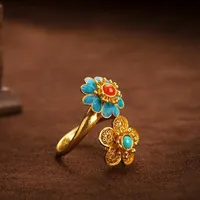 Natürliche südliche rote turmalin blume open ring chinesisch retro palast stil einzigartige alte gold handwerk luxus damen schmuck