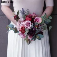 Janevini retro rosa ros calla lilja brud blommor konstgjorda silke eukalyptus brud bröllop buketter blumenstrauss hochzeit 2021