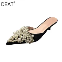 スリッパ【Deat】2021春夏尖ったつま先の浅いレース真珠クリスタル小さな薄いヒール女性の靴ファッション潮汐10G758
