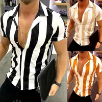قمصان غير رسمية للرجال Camisa de Botão Com Listras Verticais Masculina، ضئيلة Adequada Para Trabalho Data، Roupa Diária Manga Curta