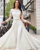 Elegant Long Sleeves Lace Wedding Dresses Jumpsuit Chiffon Applique Ruched Sweep Train Wedding Bridal Gowns robe de mariée