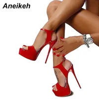 Aneikeh S الصيف نمط مثير 16 سنتيمتر النساء الصنادل عالية الكعب المفتوحة تو أبازيم ملهى ليلي حزب حذاء أسود كبير الحجم 15 220311