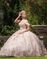 2021 Rose Gold Sparkly Ball Kleid Quinceanera Kleider Wunderschöne Sequinen Perlen 3D Blumen Süße 15 16 Kleid Party Wear XV Anos