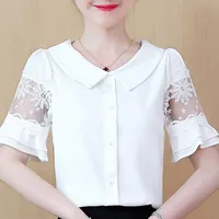 Bluzlar Kadın 2021 Kadın Giysileri Kısa Kollu Bluz Yaz V Yaka Şifon Beyaz Gömlek Blusas D34 Kadın Gömlek Tops