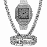 Catene ghiacciate a catena bling miami cubano link collane di orologio strass bracciale femminile uomini set di gioielli hip hop girocollo