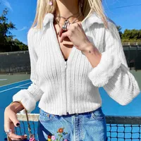 Ribbed Knitted Women&#039;s Short Cardigan Sweaters with Fur Trim Zip Up Long Sleeve Slim Autumn Jumpers Women Knitwear Shirt Y2K Top 210709