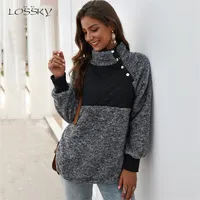 Lossky Tişörtü Kadınlar Uzun Kollu Patchwork Renk Fahsion Sonbahar Kış Kazak Siyah Bayanlar Peluş Sıcak Tops Giyim 2020 x0629