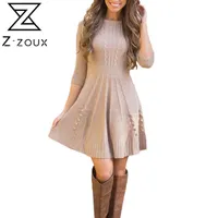 Z-Zoux Kadınlar Elbise Moda Örme O Boyun Kazak Yedi Kollu Yüksek Waisted A-Line Kız Elbiseler Artı Boyutu 2021 2XL Günlük