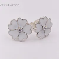 Sıcak Tasarımcı Takı Authentic 925 Ayar Gümüş Çuha çiçeği CZ ve Beyaz Emaye Saplama Küpe Pandora Küpe Lüks Kadınlar Sevgililer Günü Doğum Günü Hediyesi