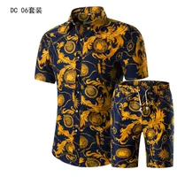 Летняя мужская мода 2021 золотые роскоши дизайнерские рубашки для мужской набор причудливые гавайские пляжные одежды цветочные печатные мужские с коротким рукавом клуб X0601