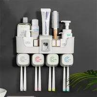 4 pcs Multifuncional Toothbrush Holder Acessórios de casa de banho Set automaticamente pasta de dentes Dispensador Distribuidor de armazenamento de banheiro 211130