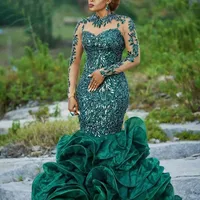 2021 Abendkleider Hunter Green Evening Dresses Organza Aplikacja Długa Suknia Formalna Cekiny Sheer Deckline Plus Size Prom Party Suknie Robe de Soiree Abiye