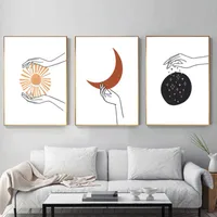 Obrazy Nordic Triptyk Home Dekoracyjne Malarstwo Gwiazdy Słońce Księżyc Proste Linie Płótno Sypialnia Sofa Tło Wall Art Pictures