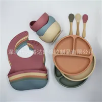 4pcs/set BPA Free Baby Silicone Tableware Waterproof Bib Solid Color Dinner Plate Sucker Bowl And Spoon For Children 857 Y2