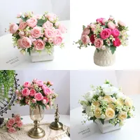 30cmローズピンクシルクブーケ牡丹造花5ビッグヘッド4小さな芽花嫁の結婚式の家の装飾シミュレーションの花