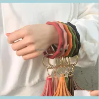 Sile Wristlet Keychain med l￤der Tassel Bangle Keyring Large Circle Key Ring Faced Holder for Women Girls 71QWB Keychains MFJQF