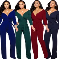 Women Sexy Suits Fashion Long Sleeve Solid Color One-piece V-neck Jumpsuit
