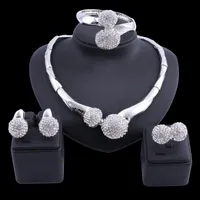 Collier de boucles d'oreilles Oeoeos Dubai Ensemble de bijoux plaqu￩s en argent pour femmes Bracelet Crystal Ring Africain Wedding Bridal Set