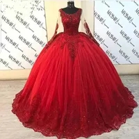 Vestido de bola inchado Quinceanera Vestidos de manga longa tule vermelho frisado laço doce 16 vestido de festa mexicano cinderela bola vestidos cg001