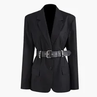 여성용 재킷 2021 리벳 허리 버튼 긴 소매 슈트 싱글 브레스트 솔리드 컬러 슬림 코트 C1009