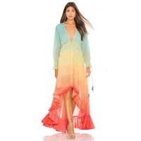 Women Dress Boho Floral Print Ruffle Irregular Rainbow Long Summer Deep V-neck Sleeve Vintage Maxi Dresses