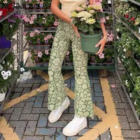 Normov 꽃 프린트 바지 여성 높은 허리 빈티지 느슨한 넓은 다리 바지 캐주얼 패션 streetwear 스키니 Y2K 플레어 바지 Q0801