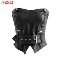 Tangada Women Sexy V-neck black faux leather Tanks With Belt Zipper Strapless Backless Camisole Short Tops 1D143