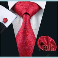 Gravatas Gravatas Acessórios de moda Red Tie Simely Set Hanky ​​Cufflinks Seda Jacquard Mens Tecido Gravata N0293 Gota entrega 2021 IW