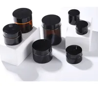 Brown Amber Glass Glass Cream Jar Black Lid Bottiglie da imballaggio 5 15 30 50 50 100 100 Glips cosmetici Esempio di occhio