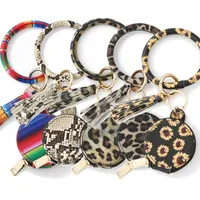Kobiety Leopard Earbuds Bransoletka Bransoletka Skóra Wristlet Circle Key Ring Bransoletka Tassel Monety Kiesy z Makijaż Lustro