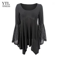 Yitonglian Women Flare Sleeve Round Neck Vintage Style Lace Black Punk Blouse Shirt Elegant Top Long Tee H3761