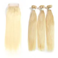 613 Blond färghår 3st med clsoure Brasiliansk Virgin Rak Humanhair Weave Brazilianhair Weft Bundlar